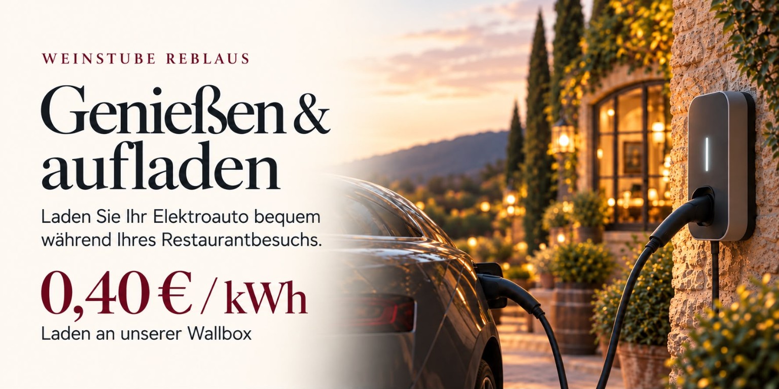 Genießen und aufladen: Laden Sie Ihr Elektroauto während Ihres Restaurantbesuchs an unserer Wallbox für 0,40 € pro kWh.